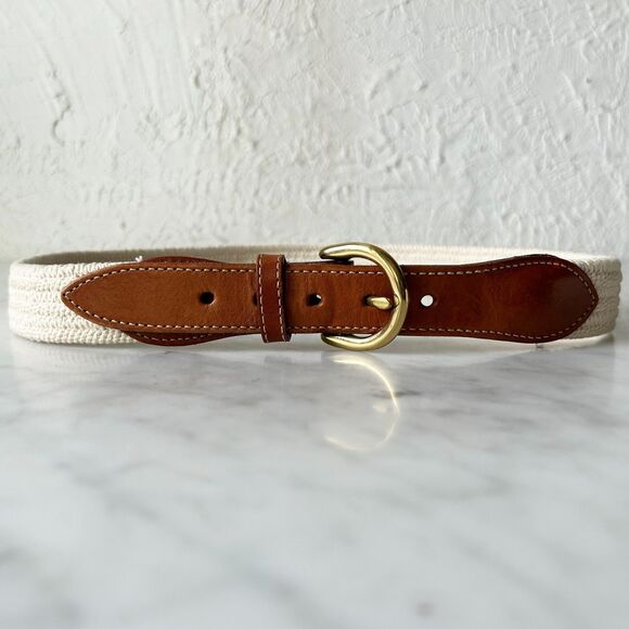 Vintage 90s Lands' End Brown Leather Belt Woven Cotton Off-White-Women's Size 30 - Picture 2 of 8